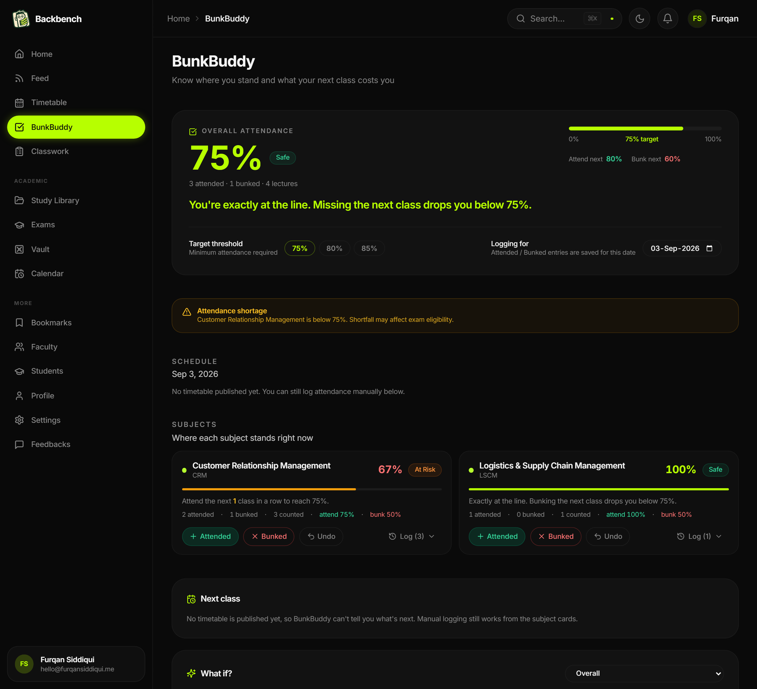 Backbench BunkBuddy attendance screen with overall percentage and subject breakdown