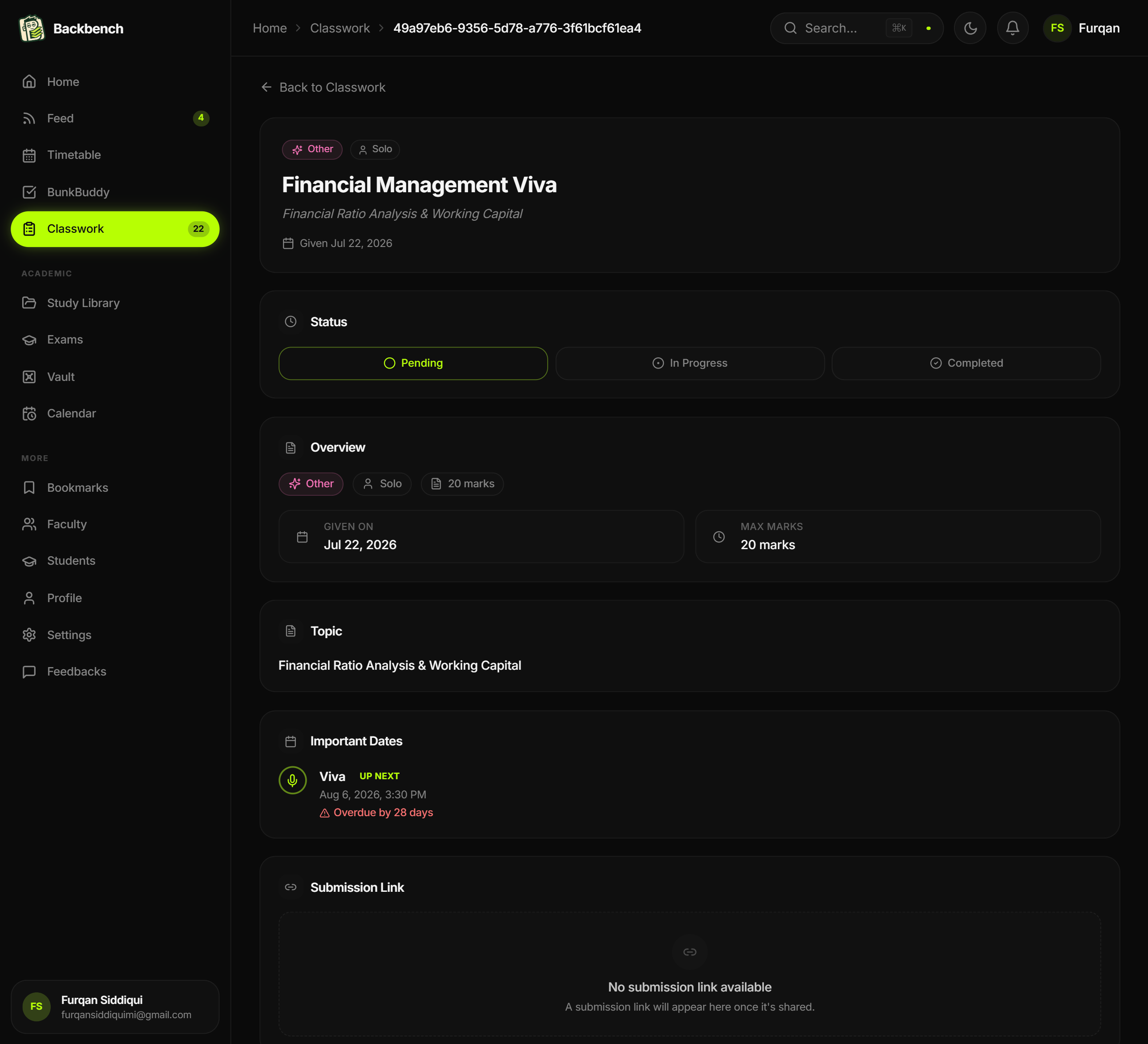 A single classwork item in Backbench with submission details and status