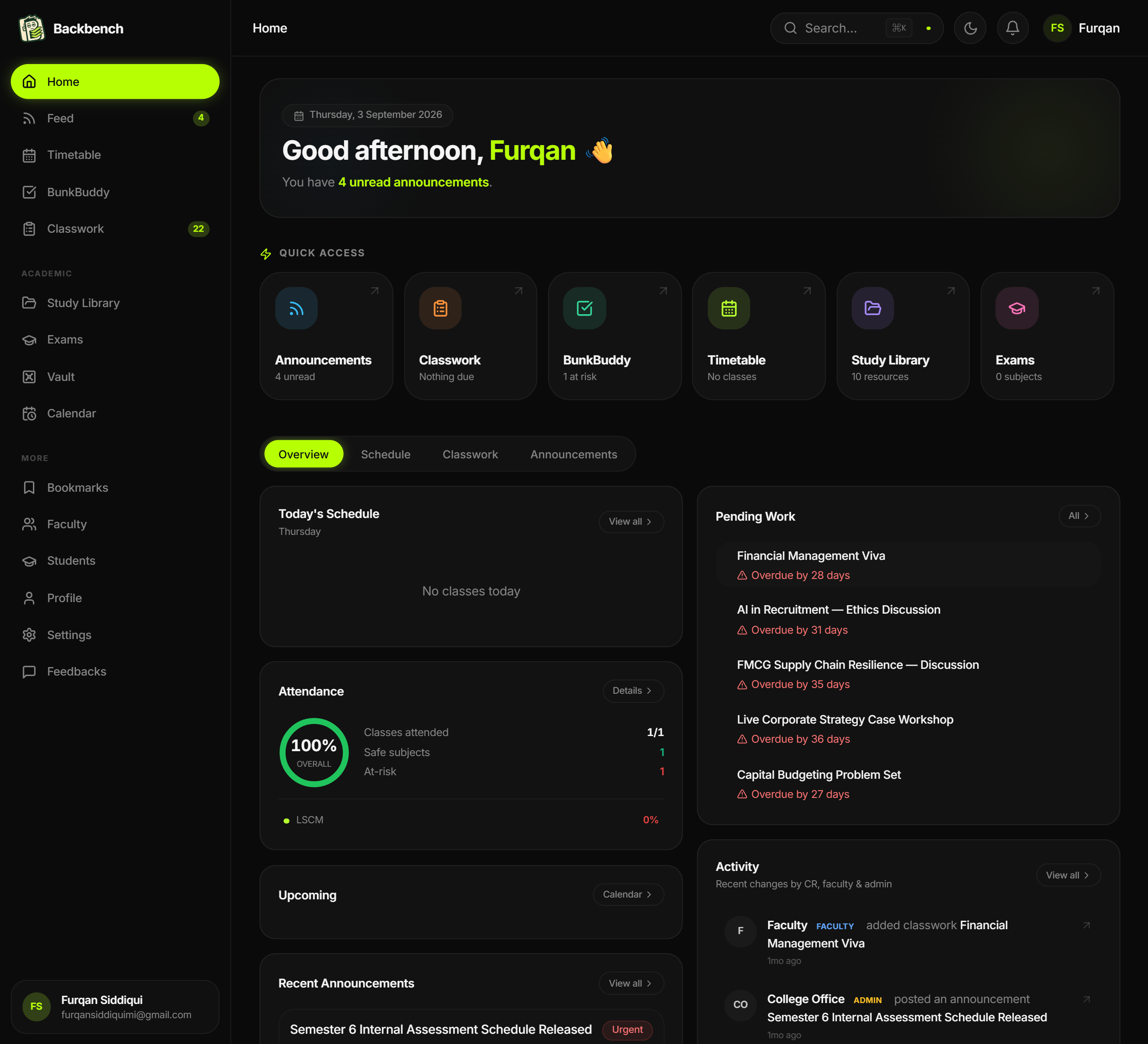 Backbench product dashboard showing timetable, attendance status, upcoming classwork and official notices