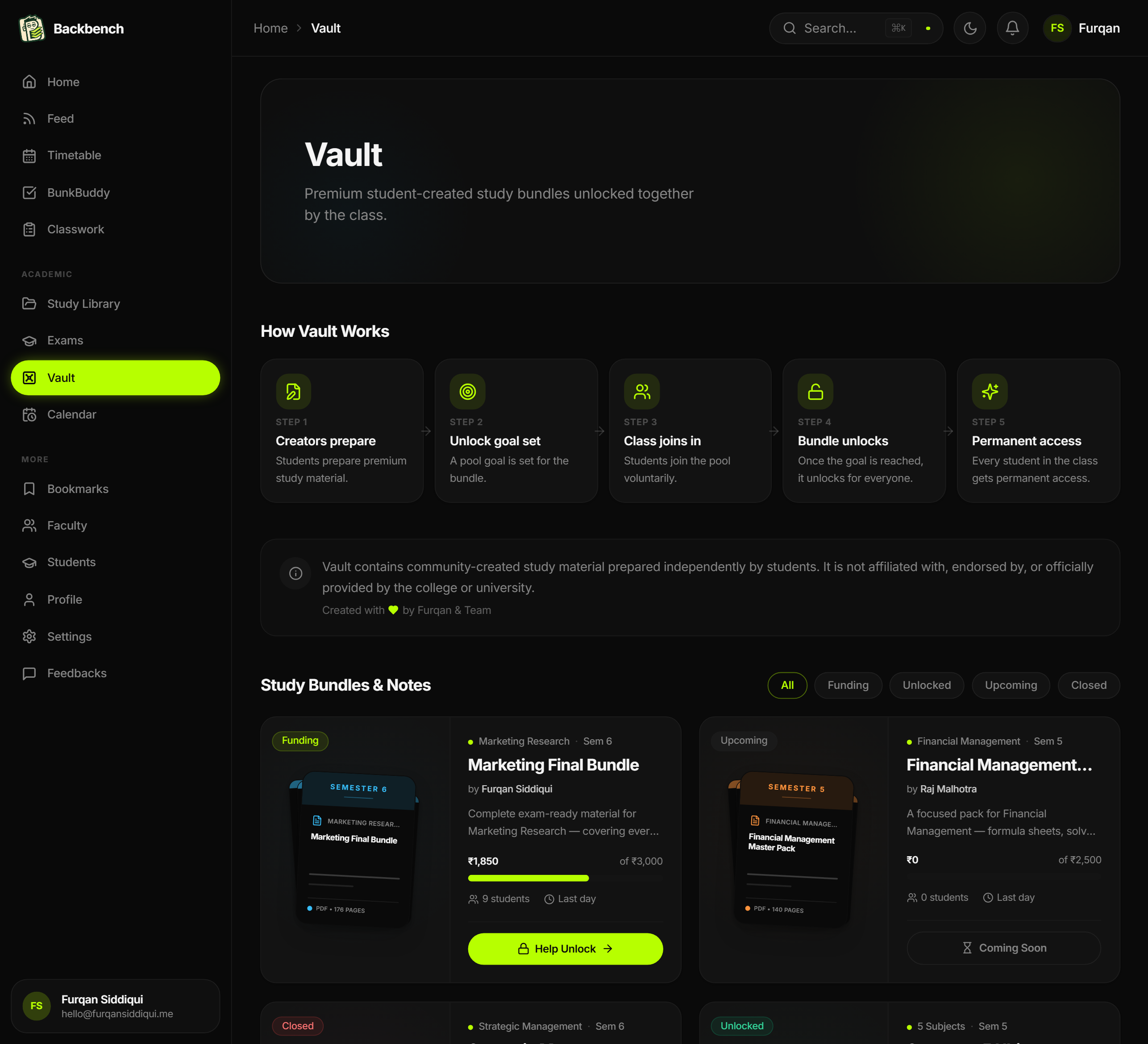 Backbench Vault screen showing student-created study bundles and community unlock goals